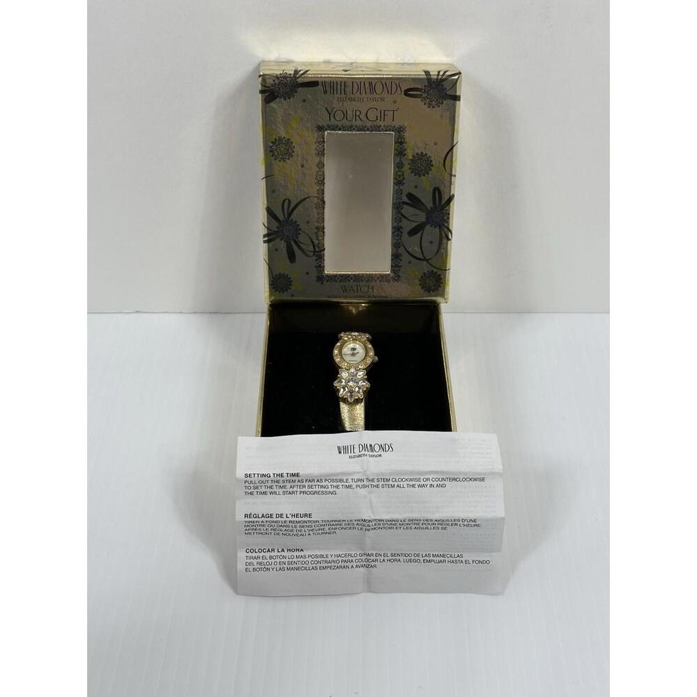 Elizabeth Taylor‎ White Diamond Ladies Rhinestone Watch Gold Faux Leather Band